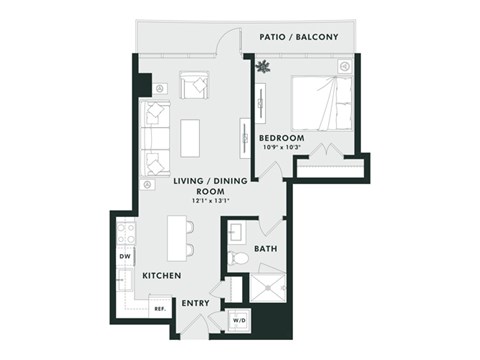 A black and white floor plan of a home with a living room, dining room, kitchen, bathroom, and bedroom.